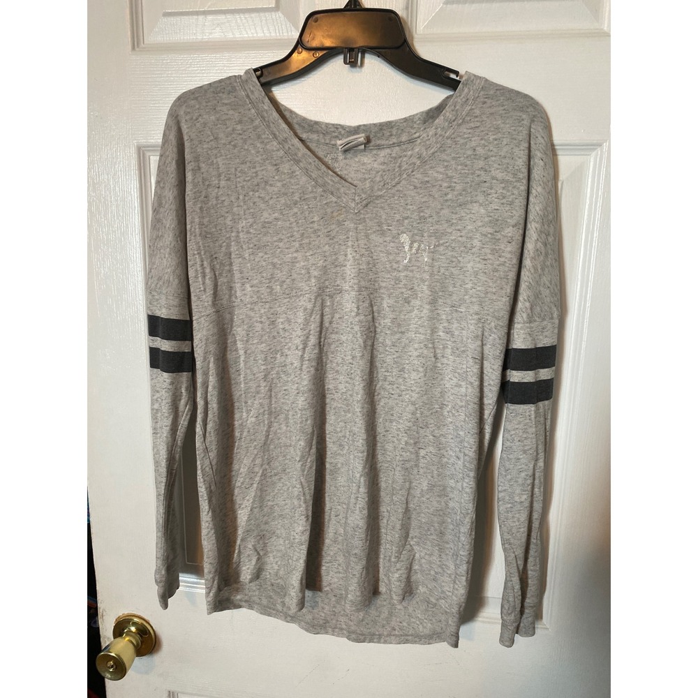Victoria's Secret PINK Spirit Jersey Tee Heather Gray Sequin Logo V-Neck XS